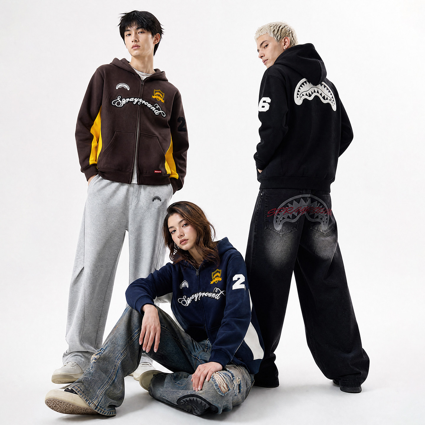 SprayGround鲨鱼嘴美式学院风拼色连帽开衫多元素贴布休闲外套