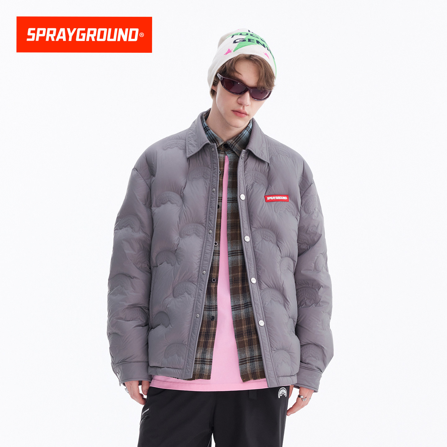 SprayGround压印鲨鱼嘴logo衬衫羽绒服男冬季宽松保暖情侣羽绒衣