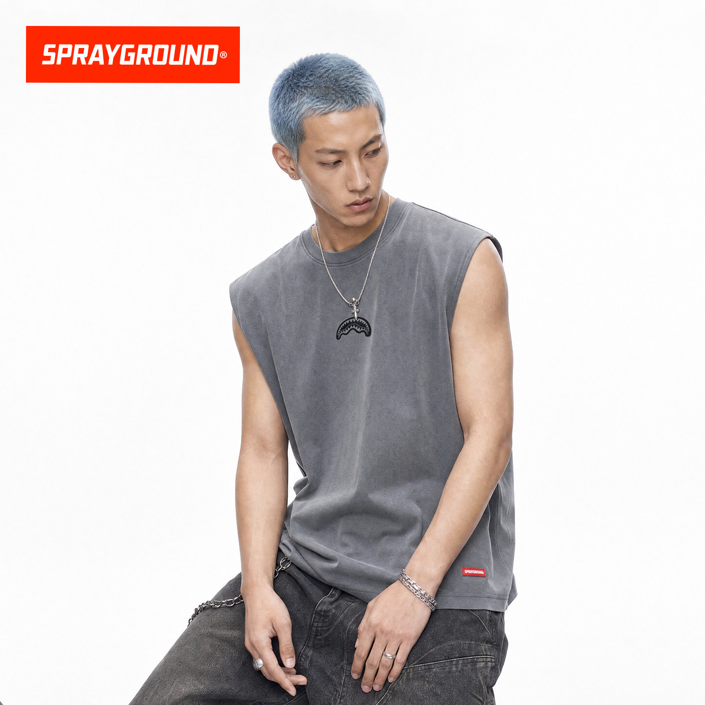 SprayGround鲨鱼嘴美式潮流运动风套头圆领坎肩夏季男士无袖背心