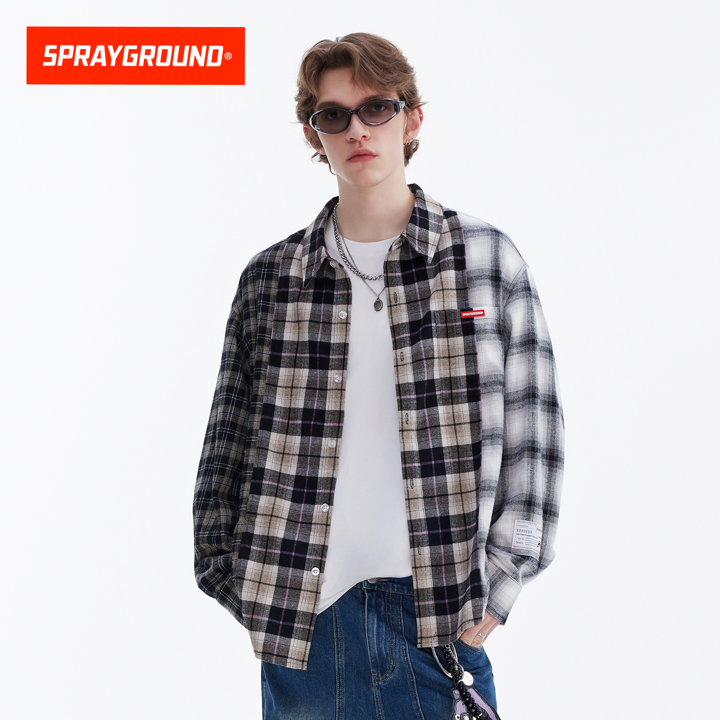 SprayGround鲨鱼嘴拼接格纹衬衫男女25秋季潮流宽松潮流衬衣外套