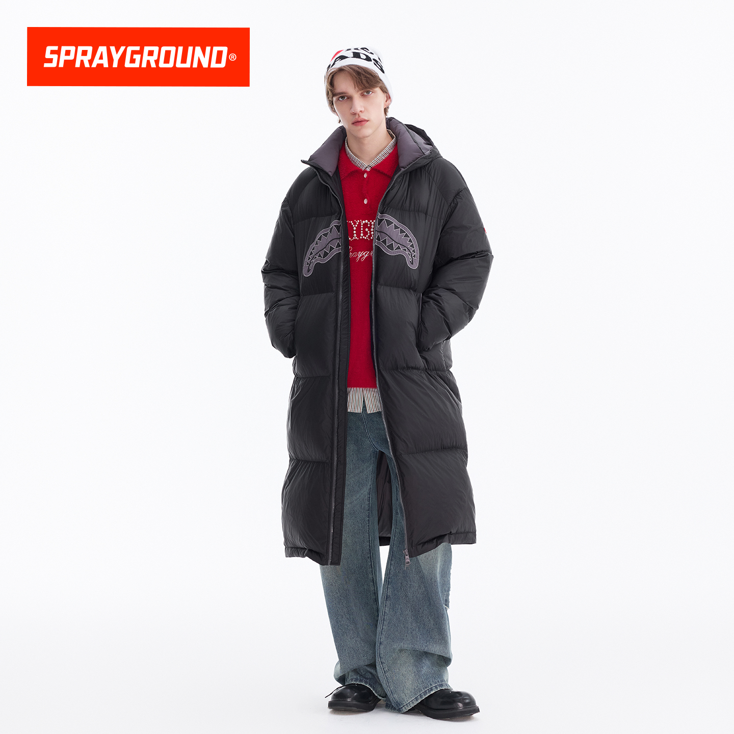 SprayGround鲨鱼嘴冬季长款羽绒服男高充绒保暖加厚过膝连帽外套