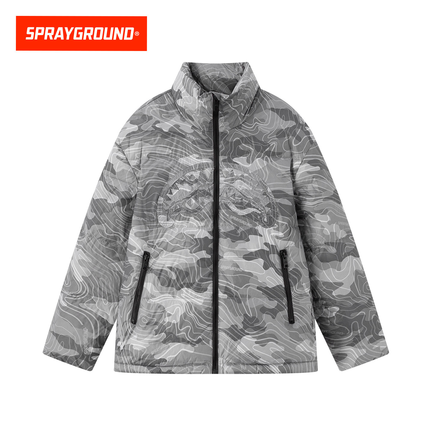 SprayGround鲨鱼嘴冬季迷彩等高线羽绒服男立领白鸭绒保暖外套潮
