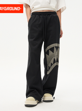 SprayGround鲨鱼嘴卫裤男2025秋冬美式印花宽松可束脚长裤针织裤