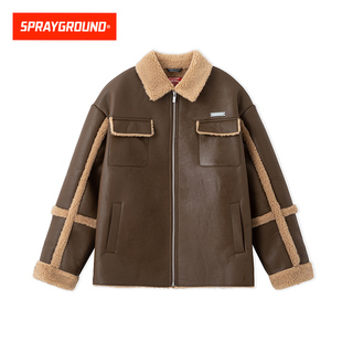 SprayGround鲨鱼嘴冬季 毛领加厚外套宽松夹克 美拉德PU皮衣男美式