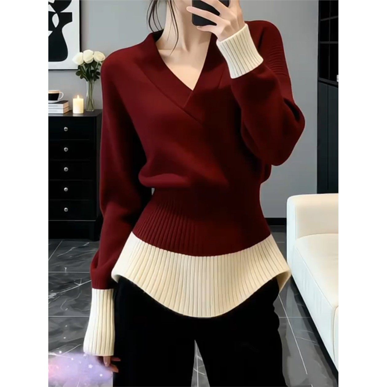 大码法式v领红色毛衣女2025新款秋冬胖mm收腰不规则撞色针织上衣,女装/女士精品,常规大码外套,淘宝优惠券,粉丝福利购,淘宝优惠卷