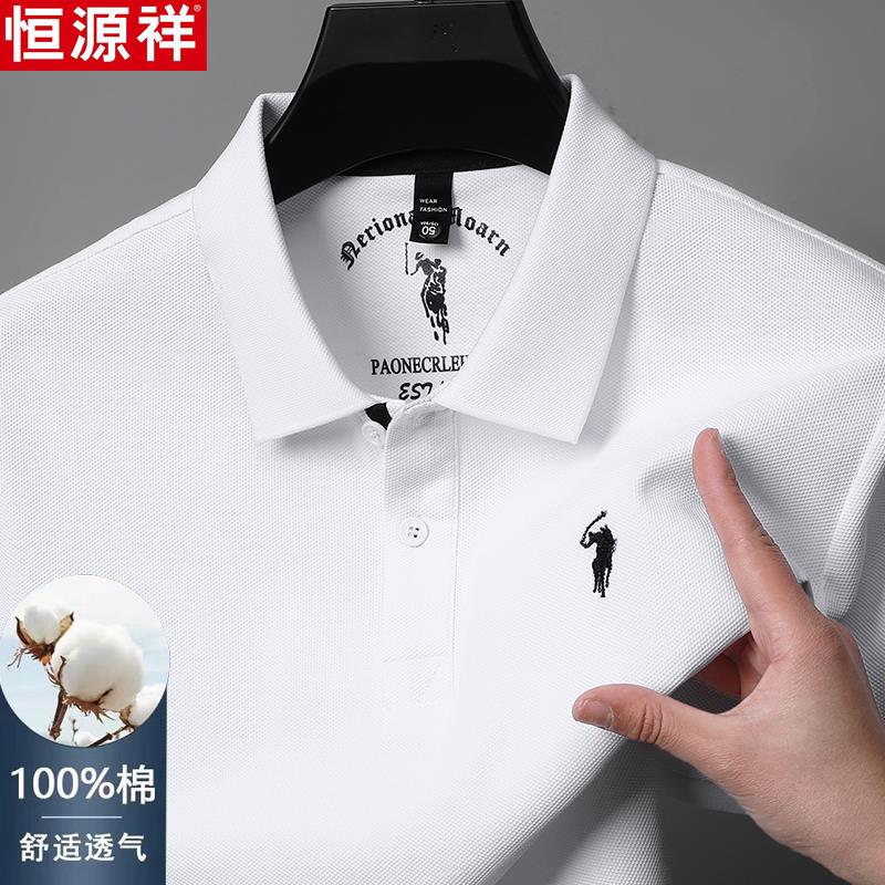 恒源祥夏季新款100%纯棉短袖t恤男士翻领中年宽松刺绣polo衫半袖
