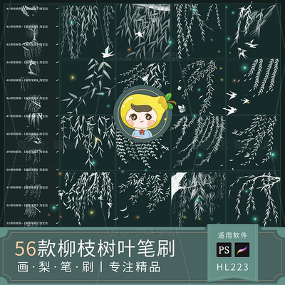 procreate笔刷ps笔刷春柳枝细柳条树叶植物叶子柳树树枝水墨清新