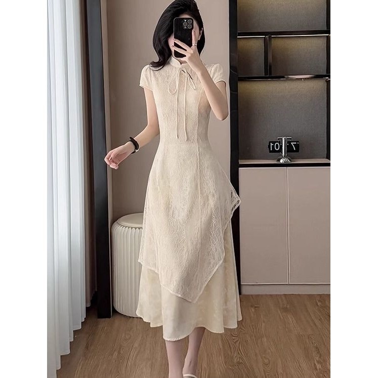 新中式假两件改良旗袍女2025夏季新款立领蕾丝拼接镂空连衣裙长裙
