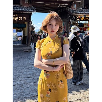 小唐人春季新款高级感Q版仕女图气质修身收腰短袖改良旗袍连衣裙