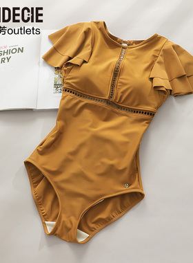 安莉芳官方奥莱芬狄诗净色沙滩泳衣荷叶边性感露背连体游泳衣女