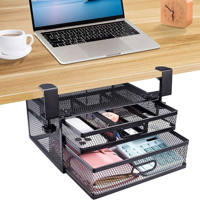 新款桌面免打孔网状收纳架办公桌下整理储物篮隐藏式悬挂金属网格