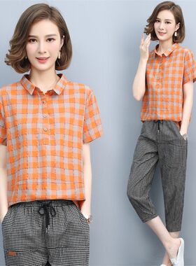 夏季格子衬衫三件套女宽松大码