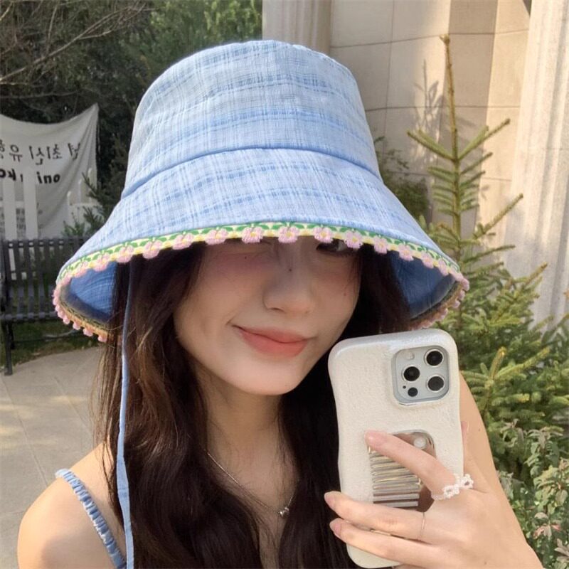 甜美可爱花边渔夫帽遮阳防晒盆帽