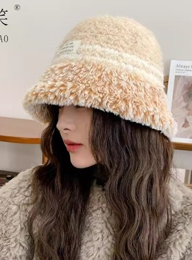 韩版字母贴布毛绒渔夫帽女冬季保暖加厚百搭水桶帽显脸小时尚盆帽