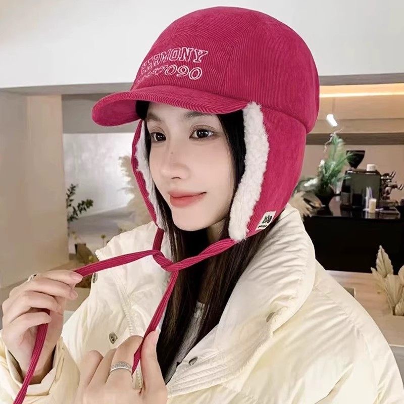 新款字母灯芯绒雷锋帽子女冬季加绒加厚保暖鸭舌帽户外骑行护耳帽
