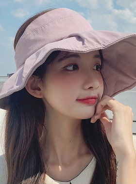 日系空顶帽子女夏遮脸可折叠防晒帽可扎马尾蝴蝶结太阳帽户外百搭