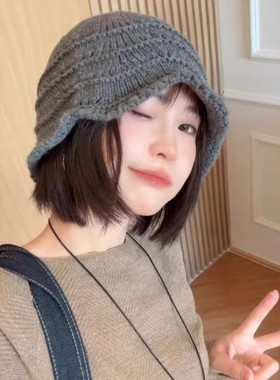 韩系波浪条纹针织帽子女秋冬新款保暖百搭毛线帽显脸小休闲渔夫帽