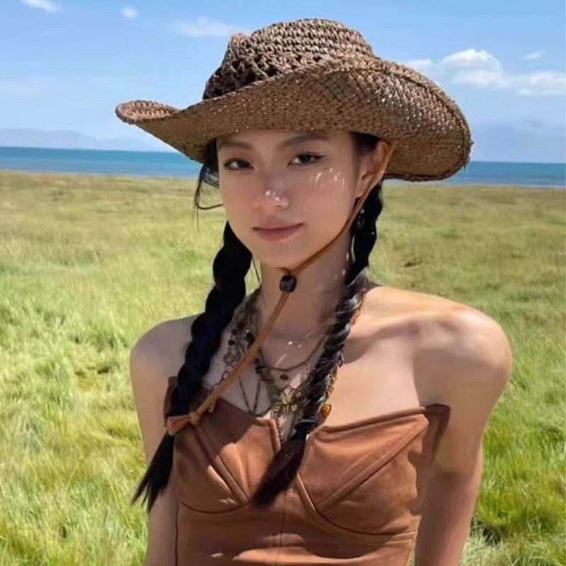 西部牛仔大檐编织草帽骑士帽子