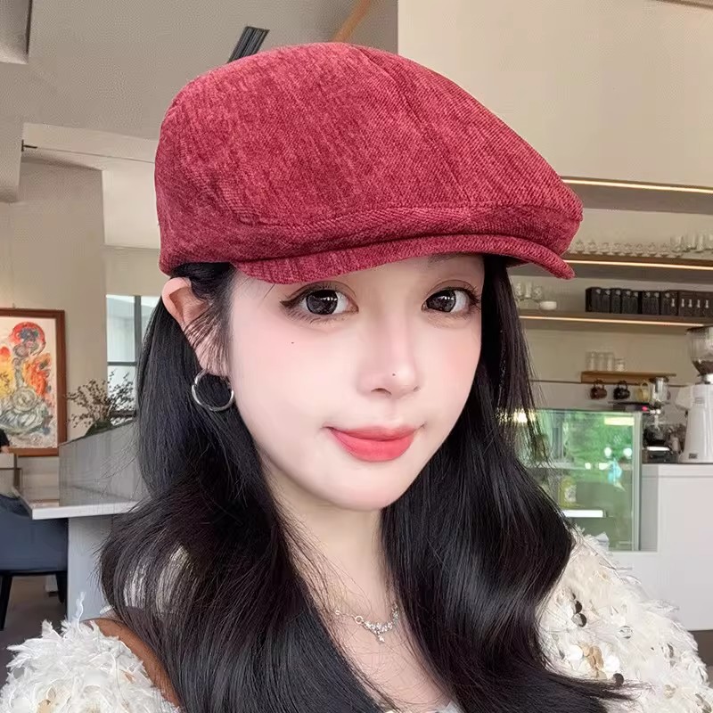 英伦风复古纯色前进帽子女冬季文艺气质贝雷帽显脸小保暖画家帽男