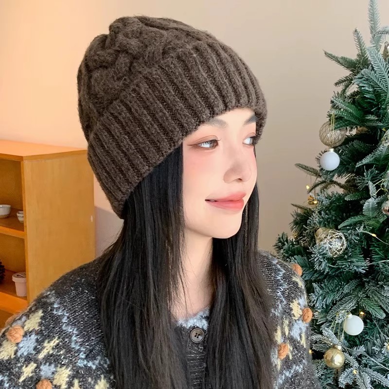 韩版秋冬纯色麻花针织帽子女保暖加厚百搭毛线帽显脸小护耳包头帽