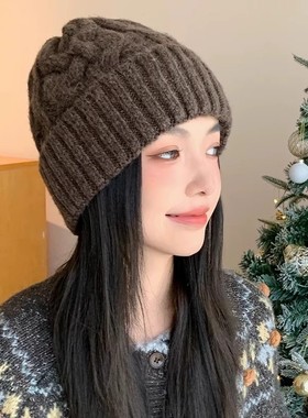 韩版秋冬纯色麻花针织帽子女保暖加厚百搭毛线帽显脸小护耳包头帽