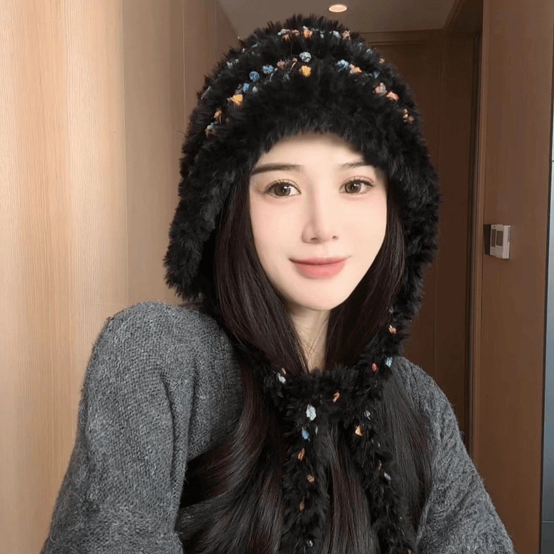 韩版甜美彩虹点缀毛绒帽子女秋冬软糯保暖护耳帽大头围百搭套头帽