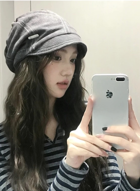 日系复古水洗棉布冷帽女秋冬保暖护耳街头堆堆帽子短檐休闲贝雷帽
