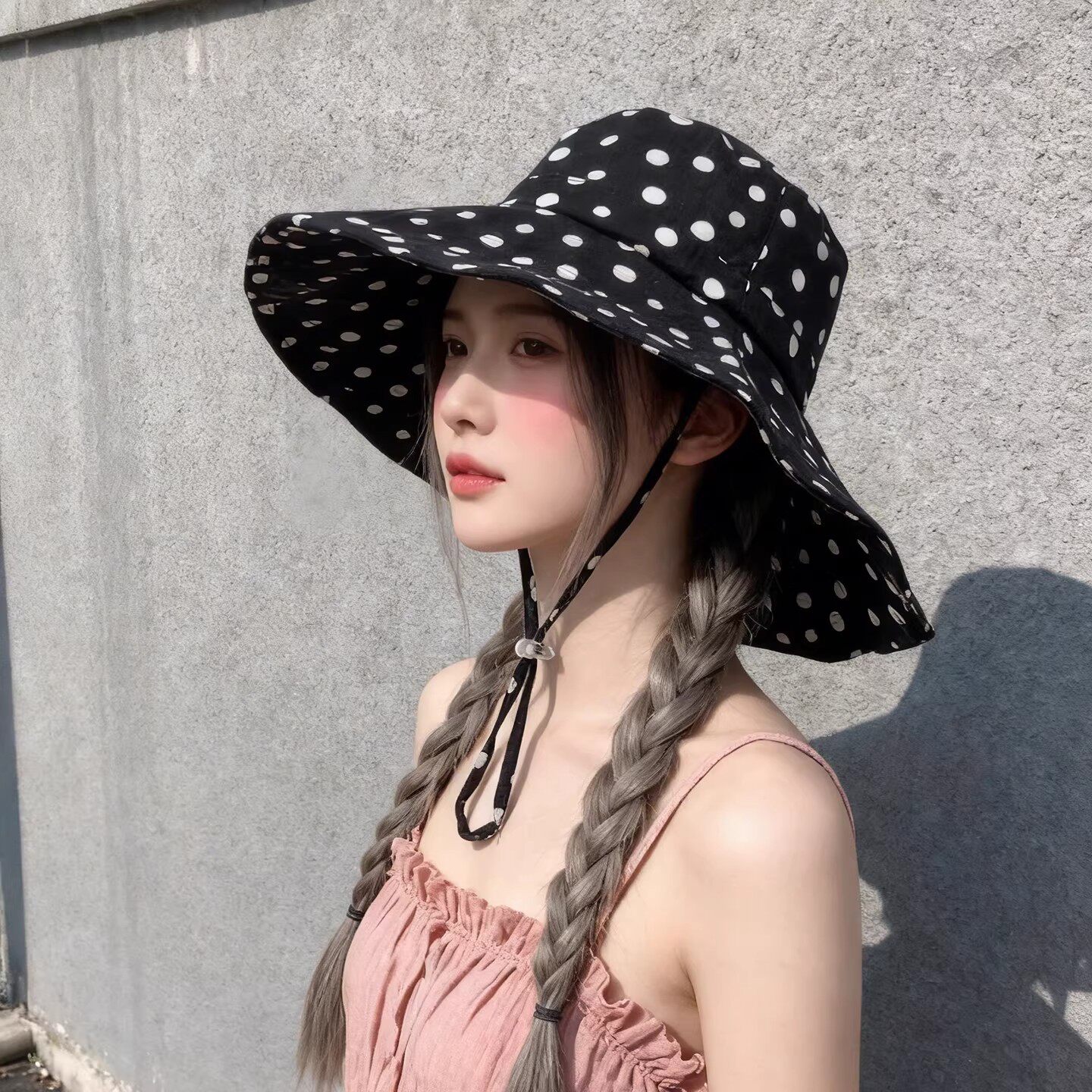 日系波点大檐防晒帽子女春夏休闲可折叠遮阳帽户外度假遮脸太阳帽