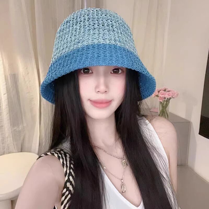 日系拼色镂空渔夫帽子女春夏户外遮阳防晒水桶帽时尚编织盆帽透气