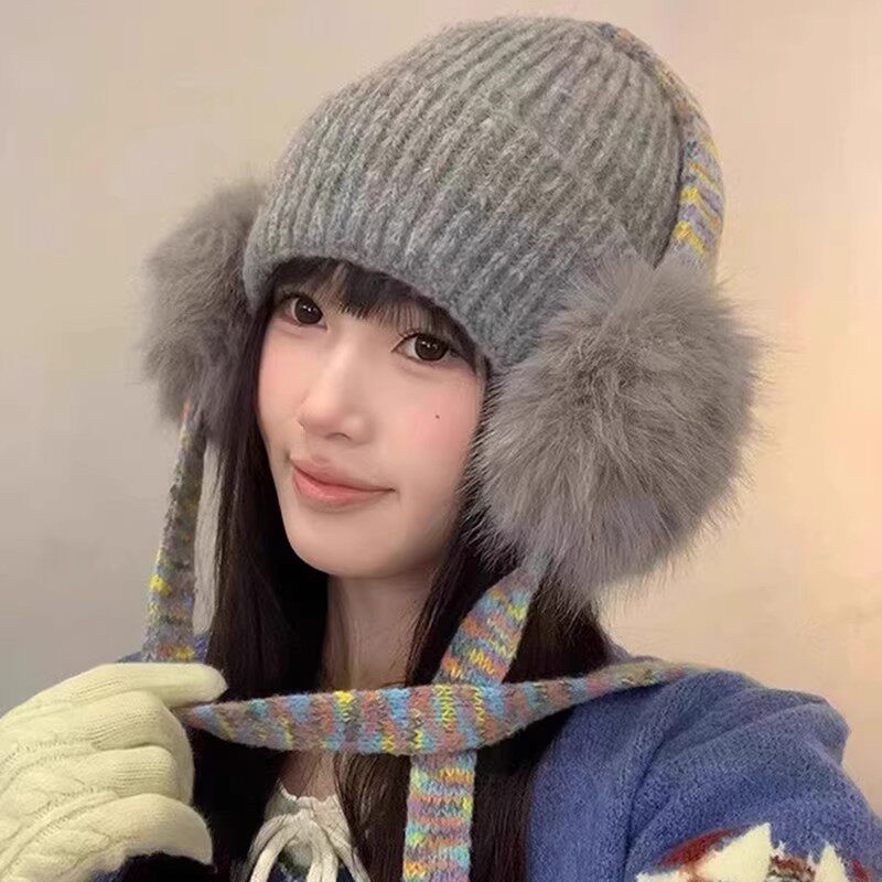 韩系毛绒护耳绑带针织帽子女冬季保暖显脸小毛线帽户外防寒包头帽