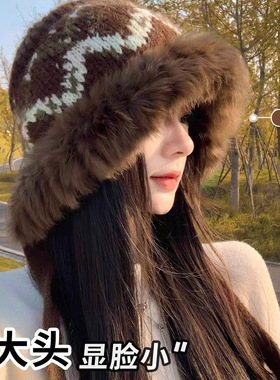 川西旅游针织毛绒帽子女秋冬新款时尚保暖毛线帽显脸小护耳雷锋帽