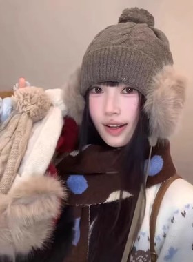 韩系复古毛绒护耳针织帽子女冬季保暖毛球系带包头帽显脸小毛线帽
