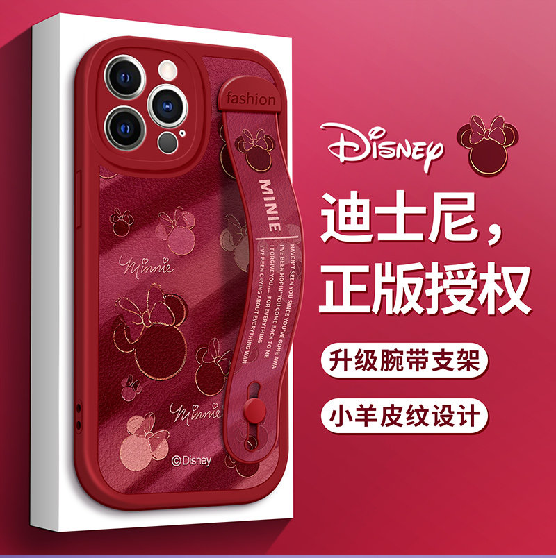 迪士尼适用苹果16手机壳iPhone14酒红米妮13新12腕带11支架15防摔Pro保护X套XR外ProMax软XS硅胶8plus女款max