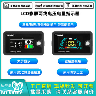 彩屏两线电压电量指示器三元 100V 铁锂酸性电池通用带温度显示DC8