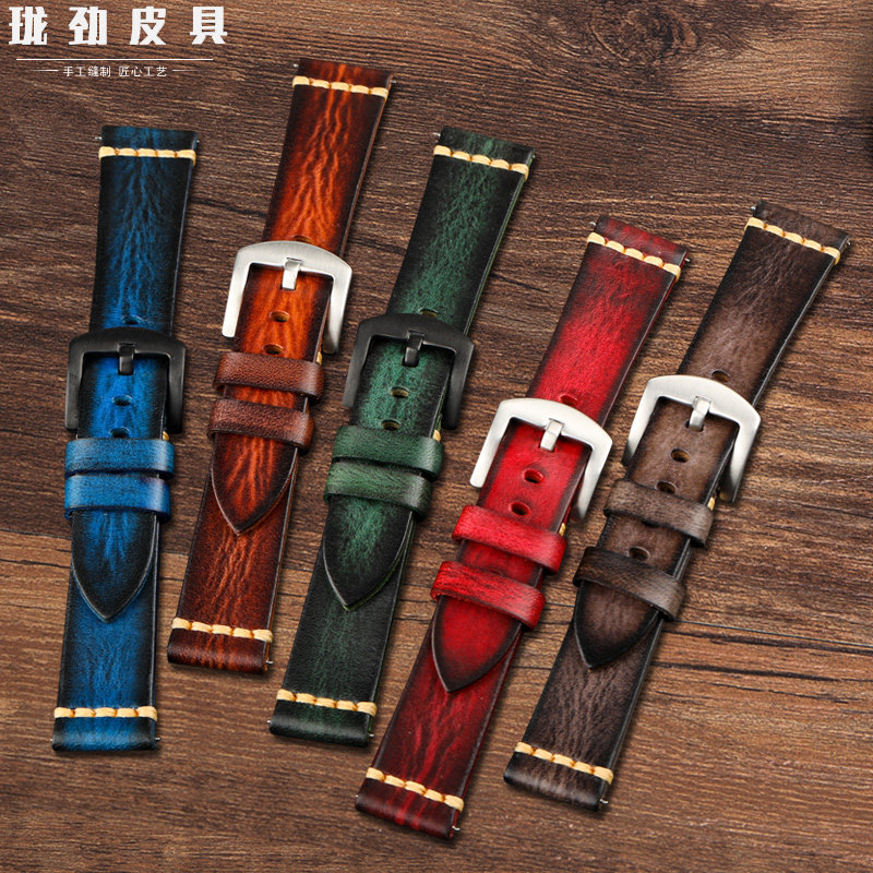 手工擦色真牛皮表带20 22 24MM柔软适配水鬼精工天美时复古男表链