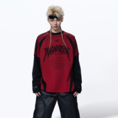 T恤 MOGONGSHE 暗黑街头风撞色长袖 拼接做旧刺绣logo潮流情侣上衣