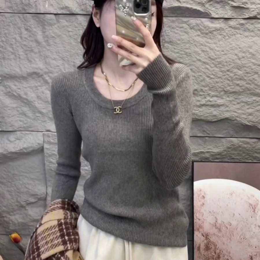 欧货纯色U领长袖针织衫女装秋冬2025新款时尚修身内搭打底衫上衣