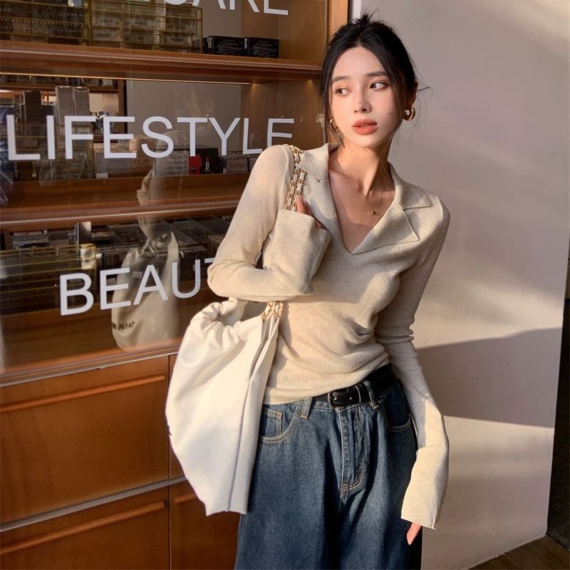 POLO翻领高级感螺纹针织毛衣女春秋冬季V领法式百搭长袖打底上衣