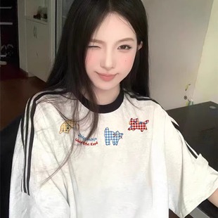 短袖 爆款 品牌大促 t恤女新款 宽松上衣 夏季 纯棉条纹设计感小众美式