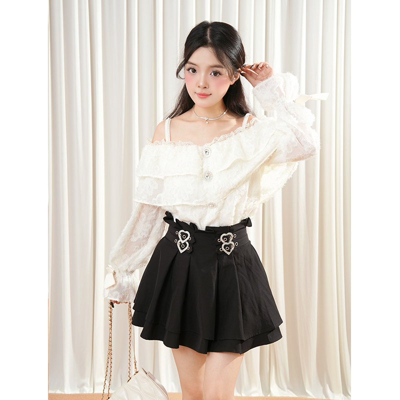【温柔限定】日系长袖清楚系蕾丝衬衫+黑色高腰短裙两件套女秋季