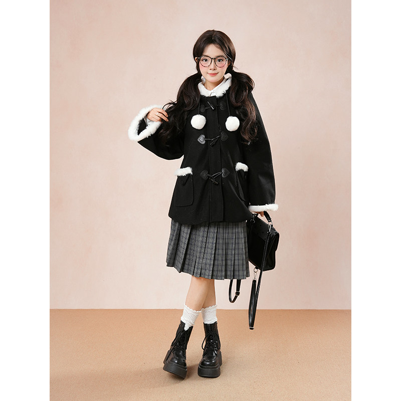 【虚拟冬季】地球人亚文化牛角扣连帽斗篷毛呢外套小个子女