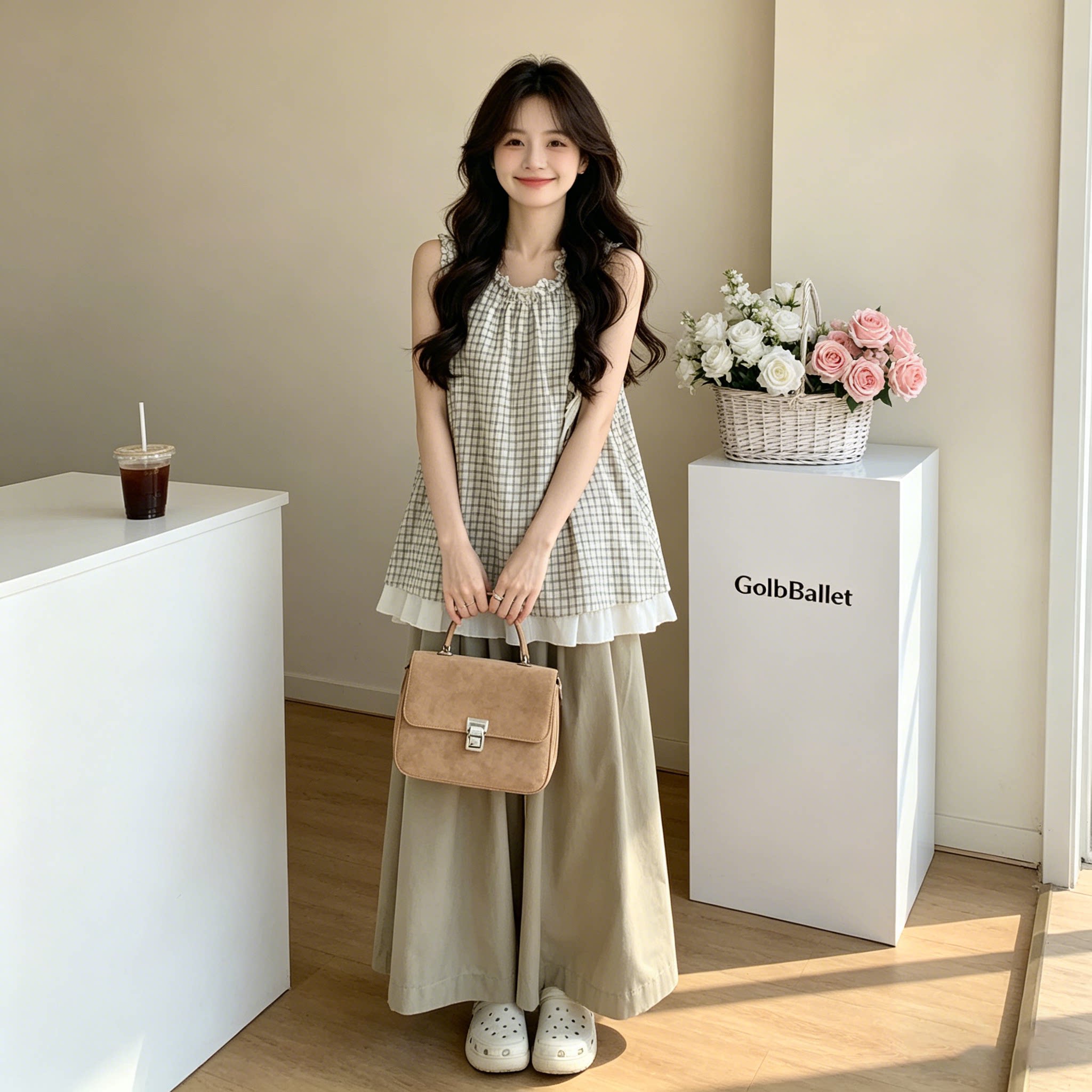2026超火夏装一整套女新款复古格纹花边领无袖衬衫阔腿裤两件式套