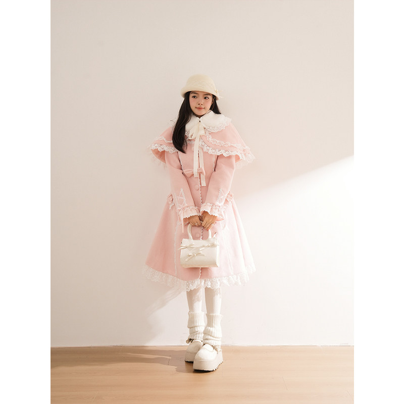 【温柔樱花】日系甜美粉色毛呢外套秋冬新款蝴蝶结斗篷设计感大衣