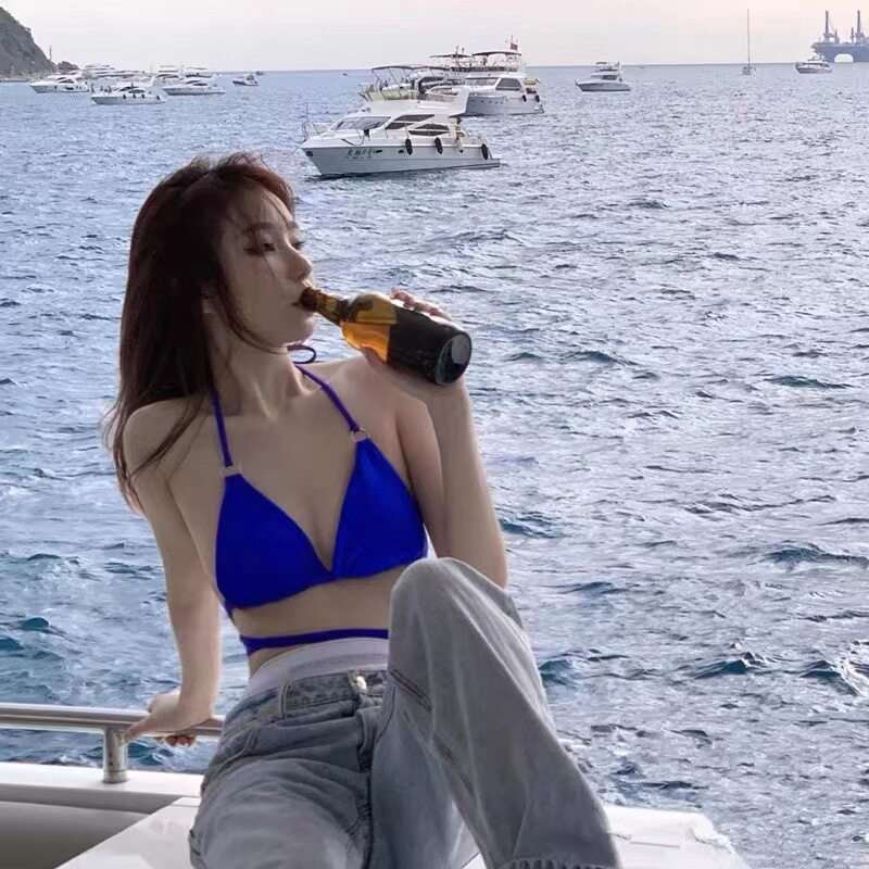 泳衣女宝蓝色显白网红同款性感比基尼长绳绑带显胸度假沙滩拍照