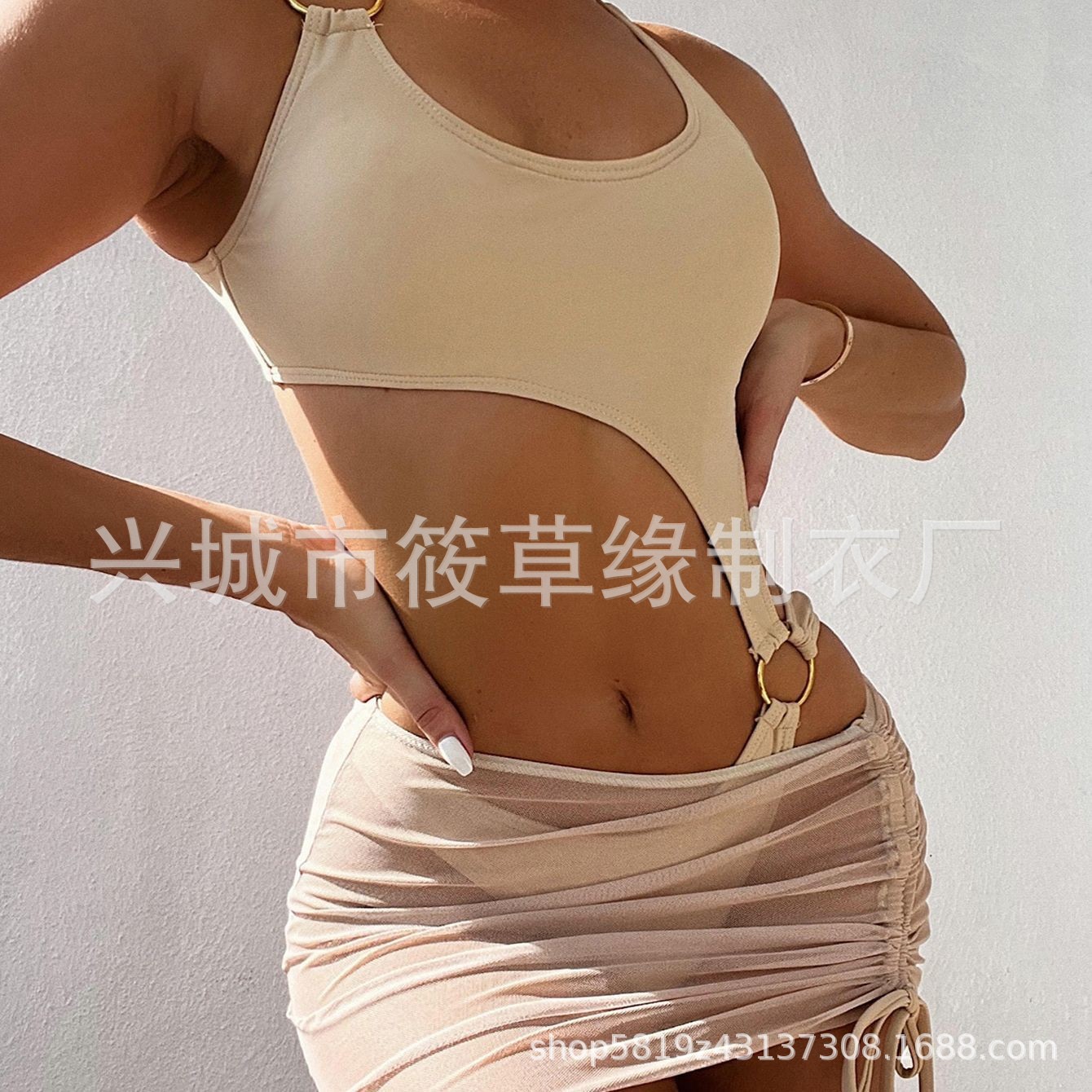 外贸新款欧美连体泳衣 性感跨境纯色bikini网纱裙比基尼 现货