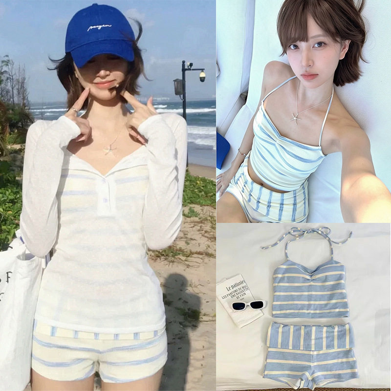 泳衣女纯欲少女挂脖撞色条纹分体2026新款度假显瘦高级感带罩衫