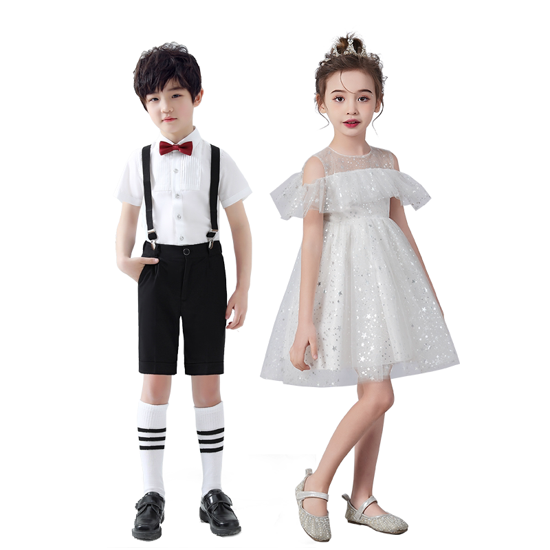 国庆儿童合唱演出服女童白色蓬蓬裙纱裙男童背带裤小学生表演服装