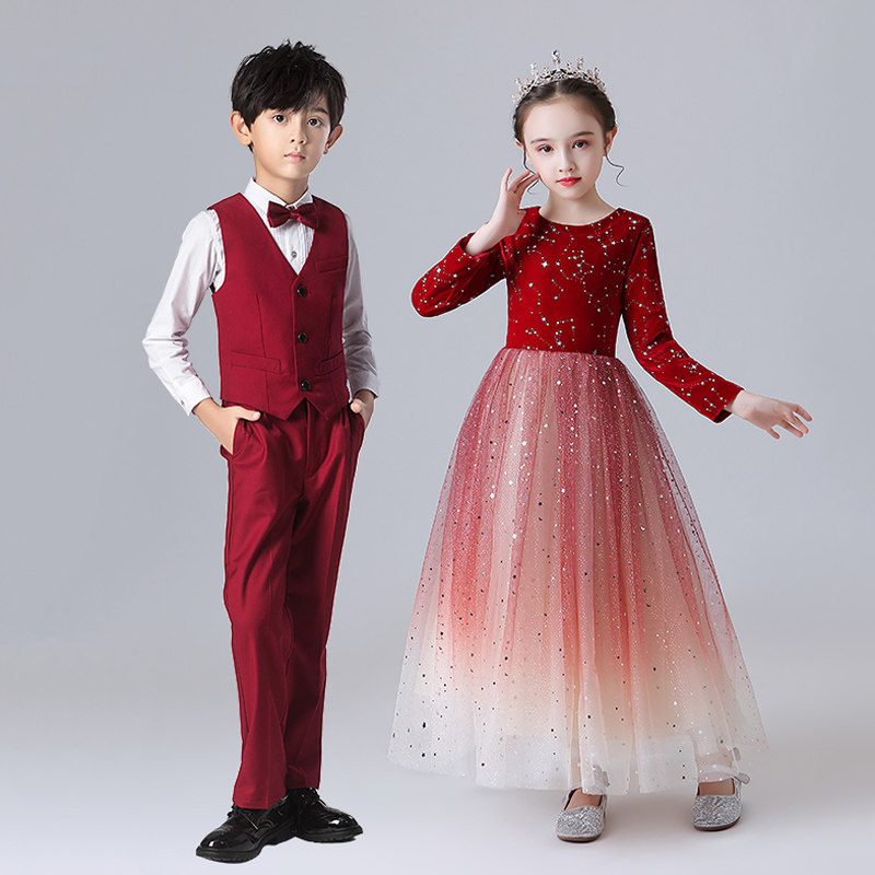 儿童演出服小学生大合唱女童红色礼服舞蹈蓬蓬裙朗诵元旦表演服装