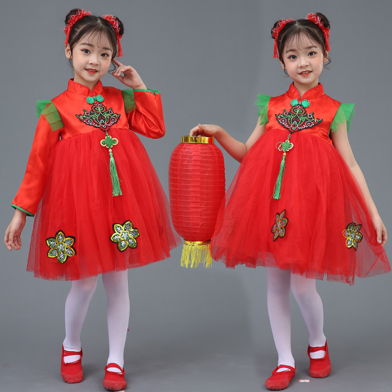 元旦梦娃儿童幼园演出服喜庆说唱中国红小荷风采灯笼舞蹈蓬蓬纱裙