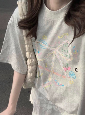 花灰色蝴蝶结印花短袖t恤女夏季新款小众设计独特超好看半袖上衣
